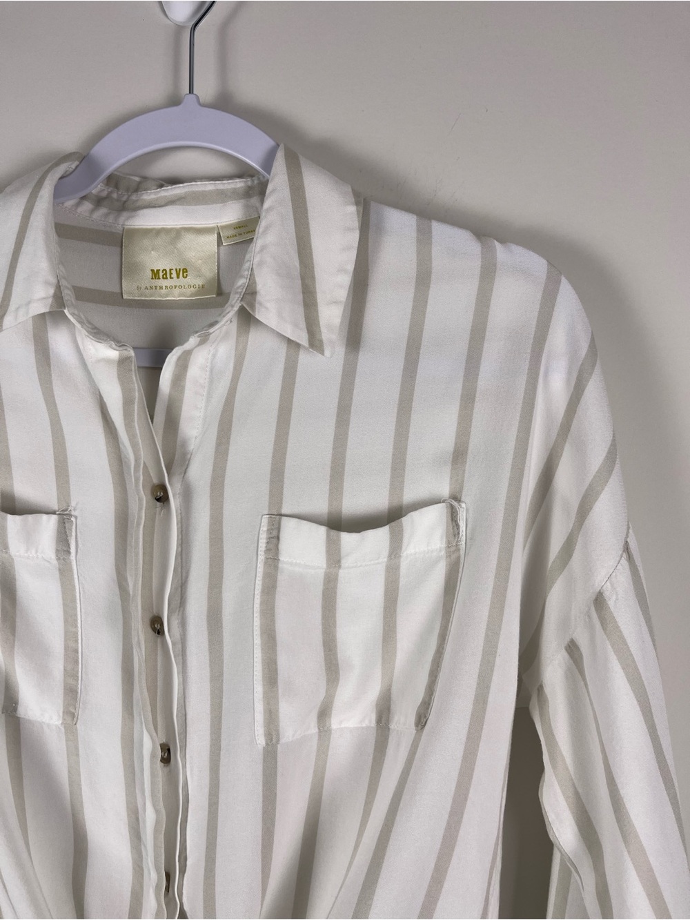 Anthropologie Maeve Neutral Striped Button-Up Tie Front Top Size XS Lightweight - Picture 3 of 11